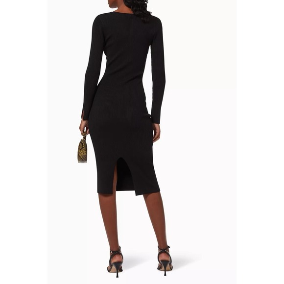 Jonathan Simkhai V-Neck Ribbed Stretchy Black Midi Dress Long Sleeve Cocktail - Picture 6 of 16